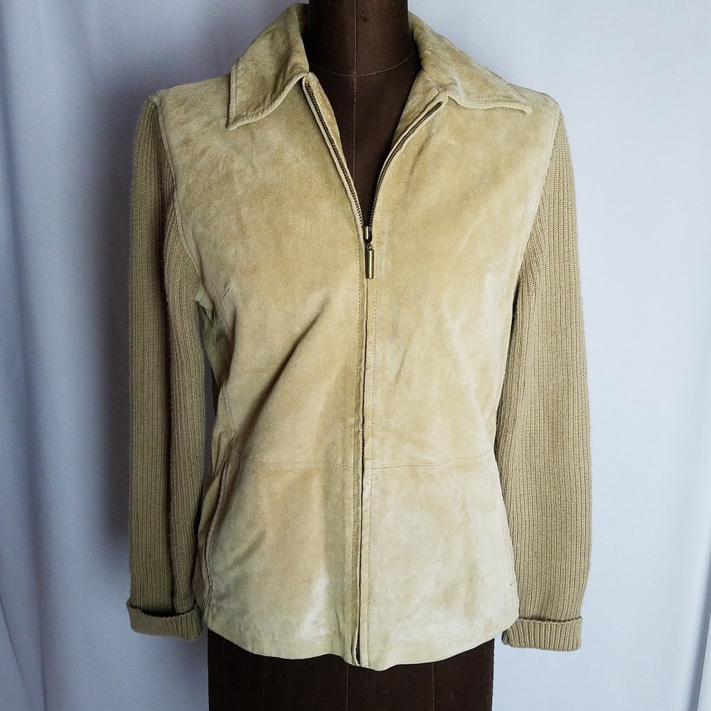 Machine Washable Suede Leather Knit Sleeve Front Zip Jacket S Vintage Fabio